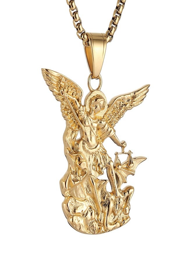 AsAlways St. Michael the Archangel Necklace for Men Stainless Steel Retro Gold Angel Exorcism Protect Amulet Pendant Necklace Jewelry Gift, 3.8 cm by 4.1 cm (1.53 inch by 1.62 inch), Stainless Steel - Image 1