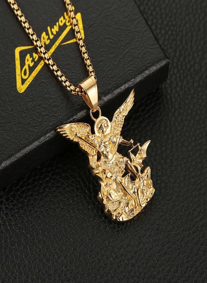 AsAlways St. Michael the Archangel Necklace for Men Stainless Steel Retro Gold Angel Exorcism Protect Amulet Pendant Necklace Jewelry Gift, 3.8 cm by 4.1 cm (1.53 inch by 1.62 inch), Stainless Steel - Image 5