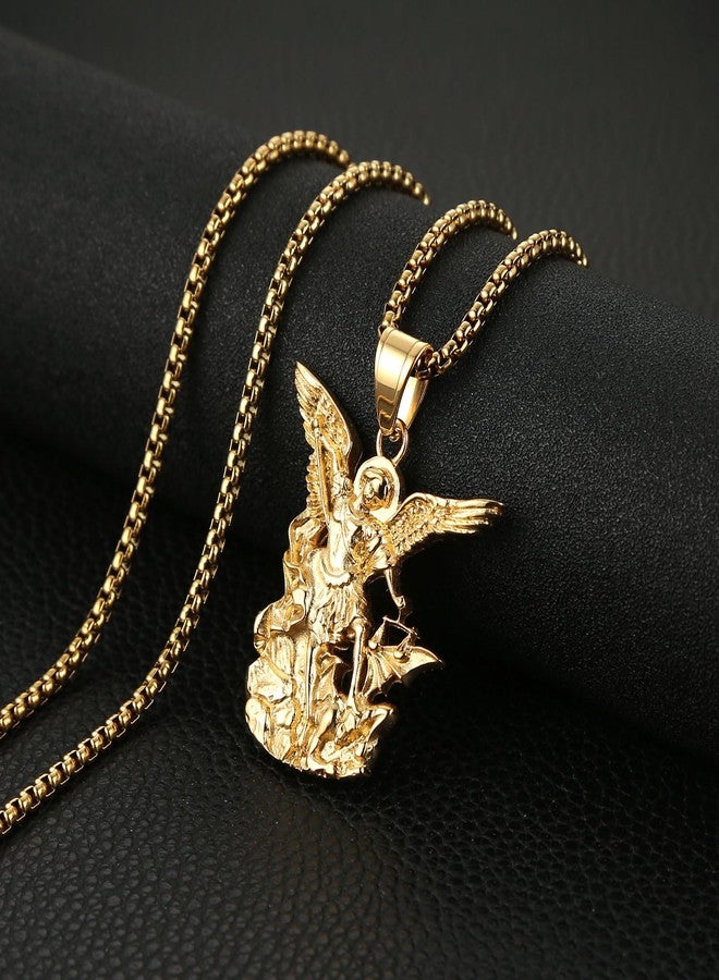 AsAlways St. Michael the Archangel Necklace for Men Stainless Steel Retro Gold Angel Exorcism Protect Amulet Pendant Necklace Jewelry Gift, 3.8 cm by 4.1 cm (1.53 inch by 1.62 inch), Stainless Steel - Image 4