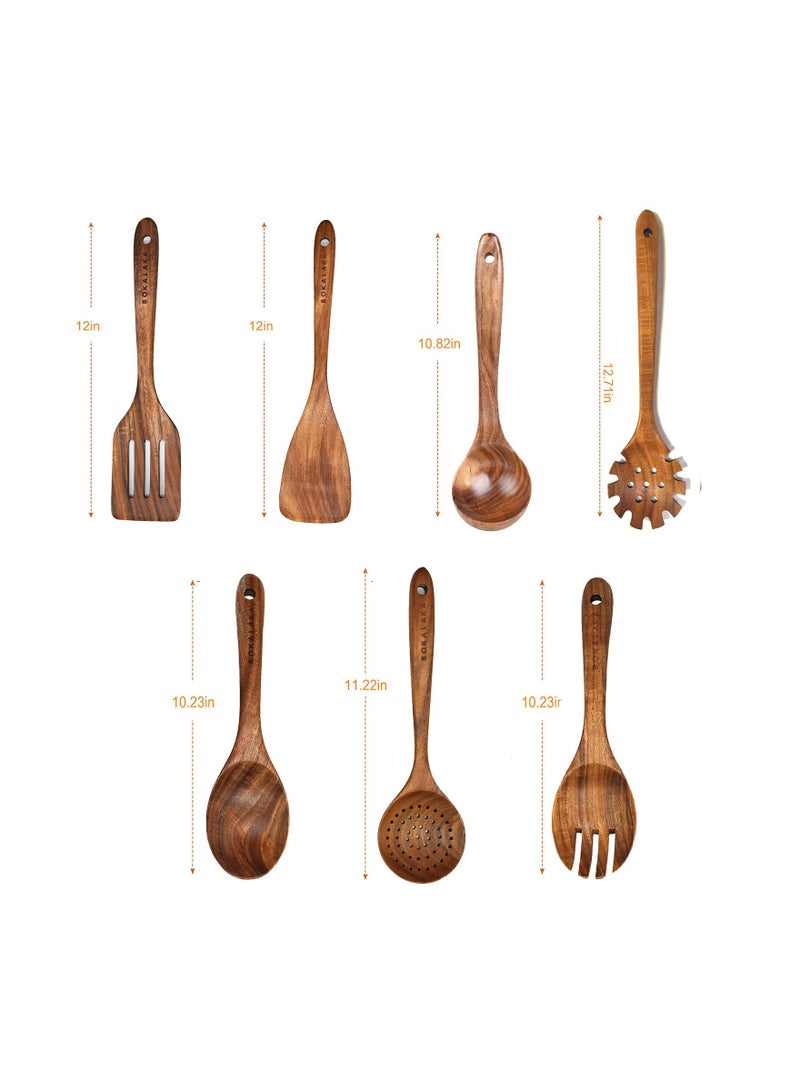XICEN Cooking Utensils Set,7pcs Wooden Cooking Spoon, Healthy Wooden Cooking Tools, Natural Nonstick Hard Wood Spatula and Spoons - Image 3
