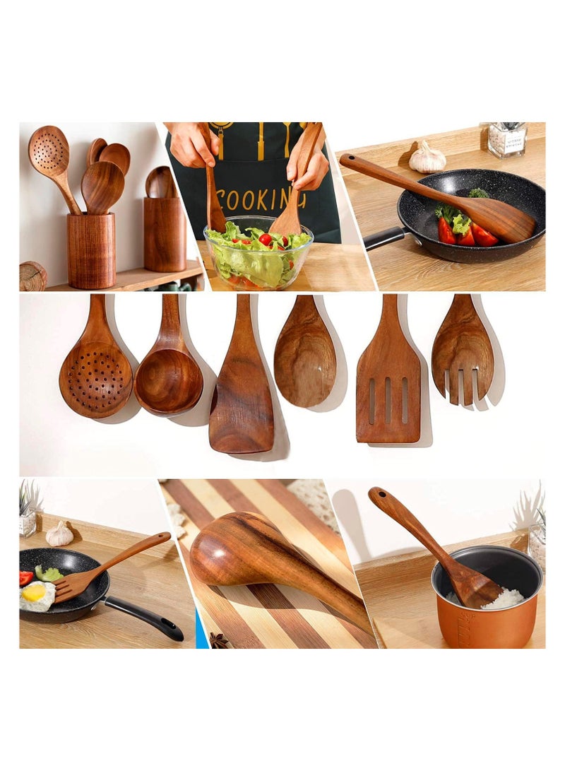 XICEN Cooking Utensils Set,7pcs Wooden Cooking Spoon, Healthy Wooden Cooking Tools, Natural Nonstick Hard Wood Spatula and Spoons - Image 4