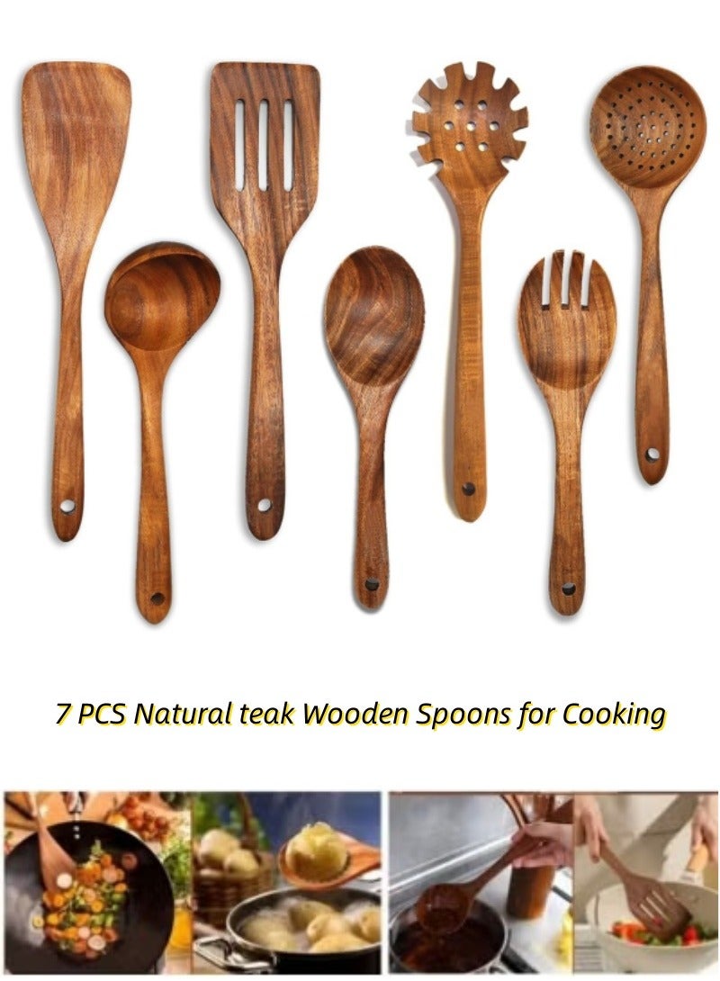 XICEN Cooking Utensils Set,7pcs Wooden Cooking Spoon, Healthy Wooden Cooking Tools, Natural Nonstick Hard Wood Spatula and Spoons - Image 2