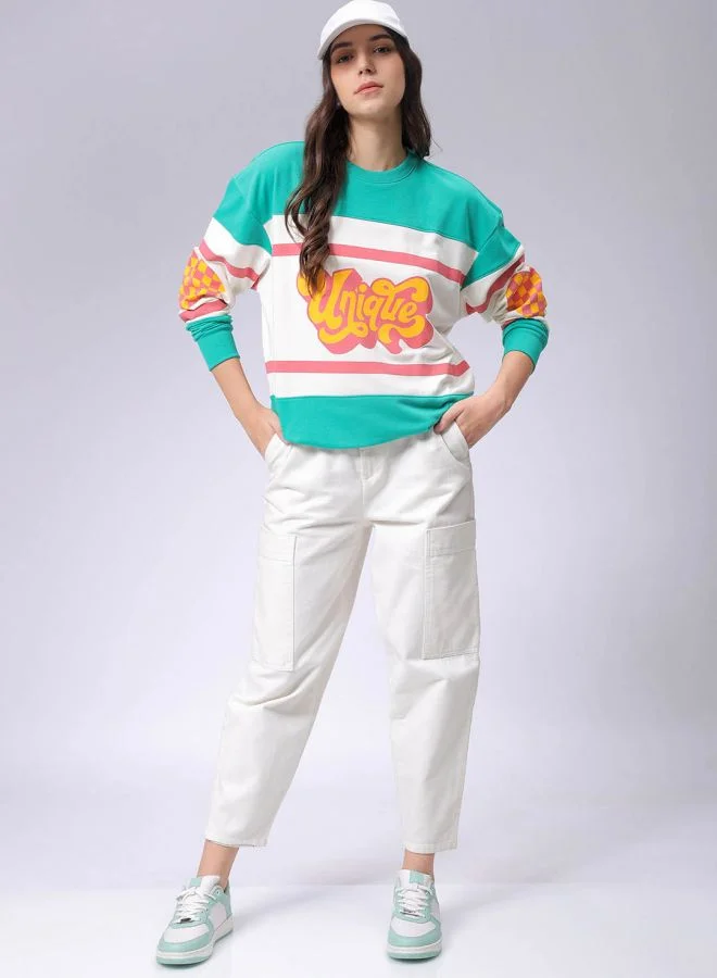 Freehand Women Loose Fit Typographic Oversized Sweatshirt