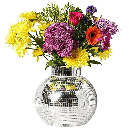 Hearth & Stone Disco Ball Planter | 7” Disco Ball Vase for Flowers & Plants | Handmade Silver Square Small Mirrors Center Piece | Disco Ball Plant Holder Silver - Image 1