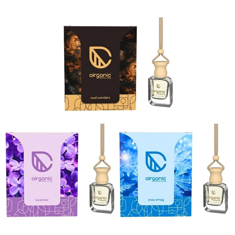 Airganic Swing Prime Car Perfume Hanging Pod | Musk, Camphor & Cool Aqua Water| Pack 3 | Car Air Freshener |Natural Essential Fragrance Oils in Glass Bottle with Wooden Diffuser Lid |Last Upto 60 Days - Image 1