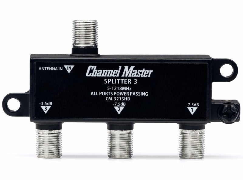 Channel Master Splitter 3 | 3-Way Splitter Distributes Digital HDTV Antenna Signal to 3 TVs, One Input and Three Outputs, Power Passing for Preamplifiers and Boosters, Low-Loss Design, Indoor/Outdoor - Image 1