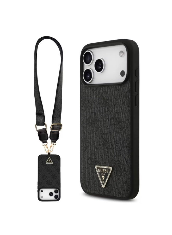 GUESS Guess MagSafe 4G Pattern PU Leather Case with Crossbody Lanyard & Triangle Logo for iPhone 17 Pro Max, Slim Profile, Drop Protection, Easy Snap-On, Sustainable Packaging, Comfortable Grip, Lightweight Design - Black - Image 1