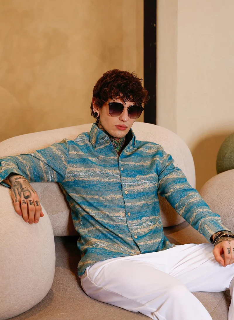 كامبوس سوترا Campus Sutra Men Gradient-Strokes Jacquard Shirt | Button-Down One-Piece Collar Long Cuffed Sleeves | Button Closure Curved Hem | Abstract Jacquard | Woven Fabric For Casual & Party Wear | Sky Blue