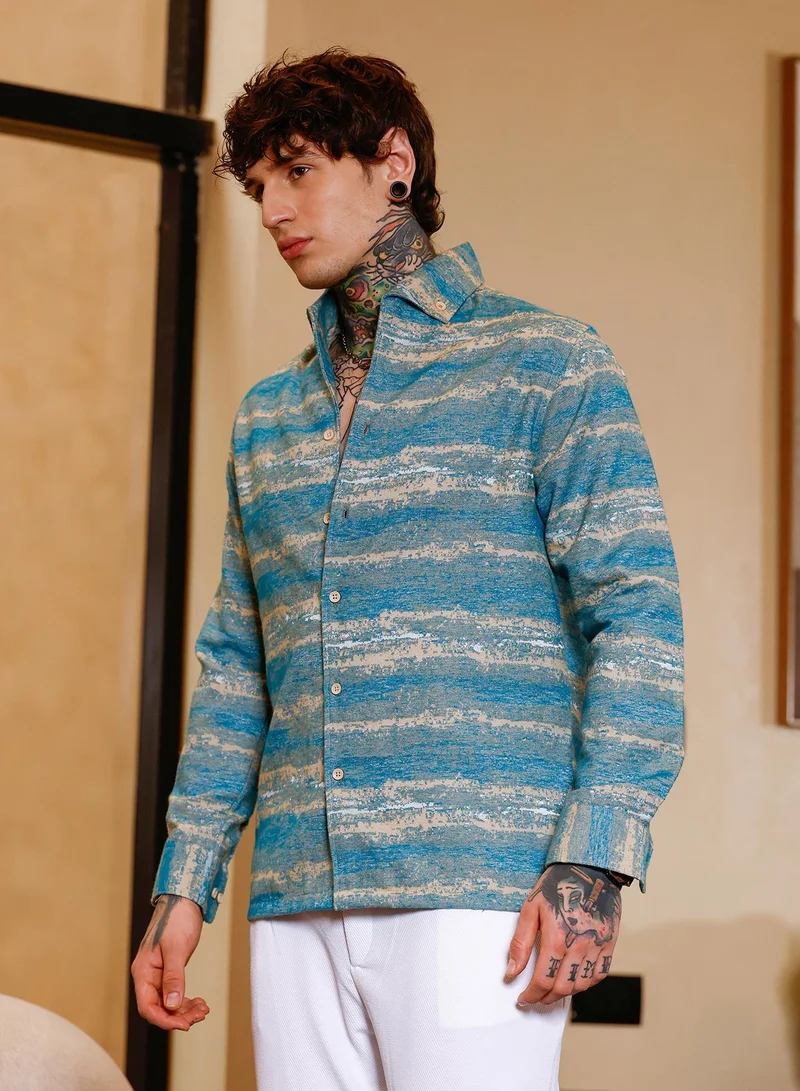 Campus Sutra Campus Sutra Men Gradient-Strokes Jacquard Shirt | Button-Down One-Piece Collar Long Cuffed Sleeves | Button Closure Curved Hem | Abstract Jacquard | Woven Fabric For Casual & Party Wear | Sky Blue