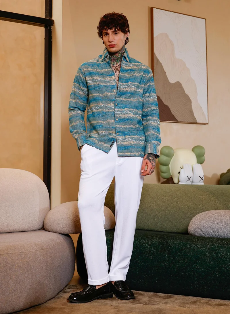 Campus Sutra Campus Sutra Men Gradient-Strokes Jacquard Shirt | Button-Down One-Piece Collar Long Cuffed Sleeves | Button Closure Curved Hem | Abstract Jacquard | Woven Fabric For Casual & Party Wear | Sky Blue