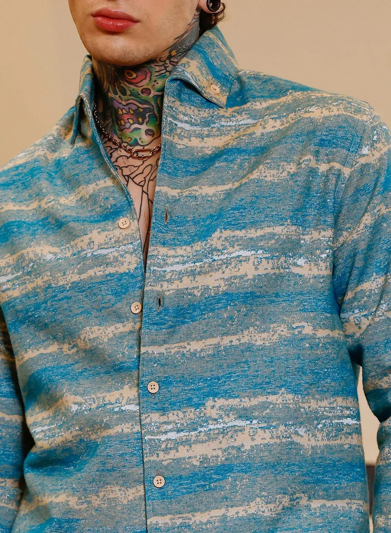 Campus Sutra Campus Sutra Men Gradient-Strokes Jacquard Shirt | Button-Down One-Piece Collar Long Cuffed Sleeves | Button Closure Curved Hem | Abstract Jacquard | Woven Fabric For Casual & Party Wear | Sky Blue