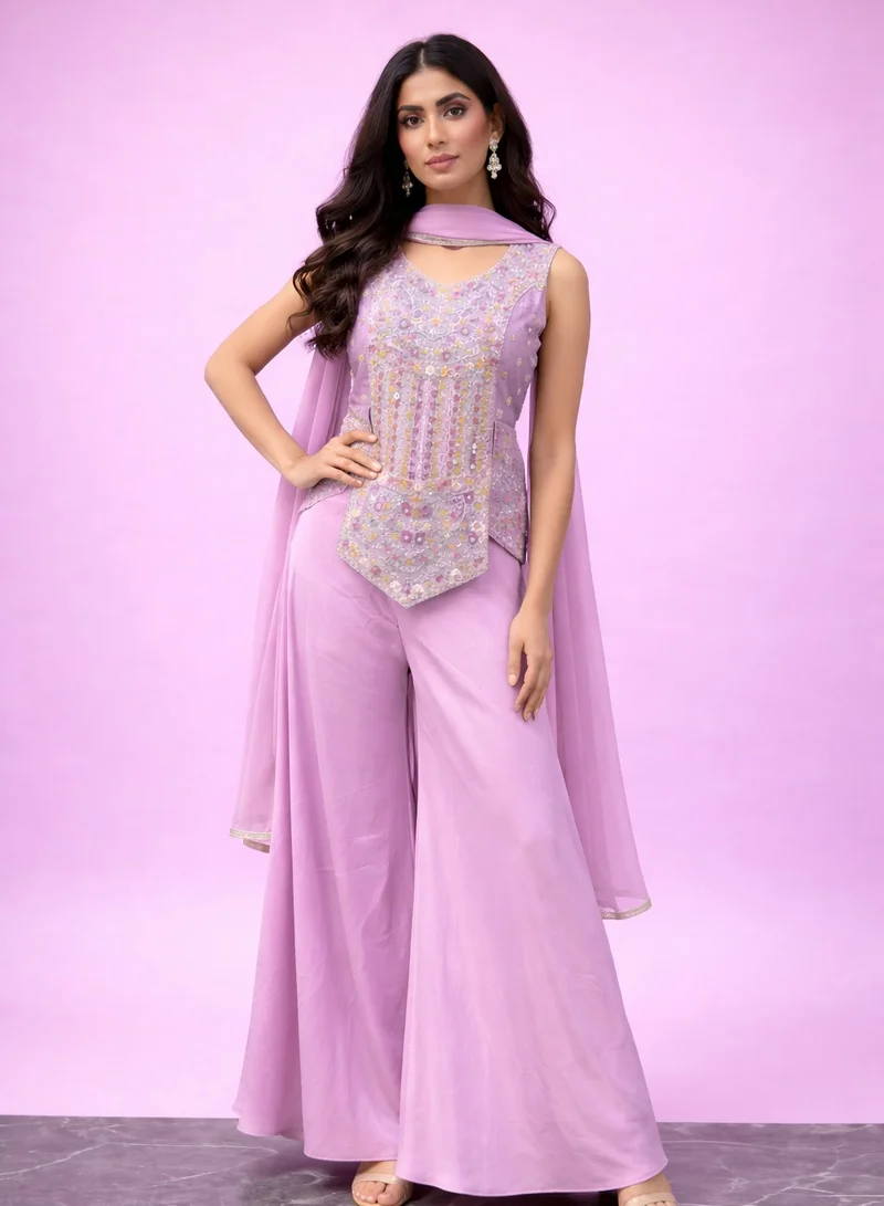 Lehar Lilac Pink Embroidered Palazzo Suit Set