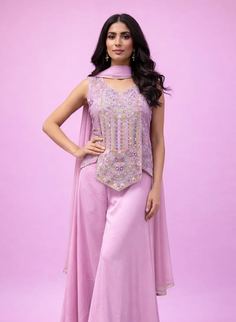 Lehar Lilac Pink Embroidered Palazzo Suit Set