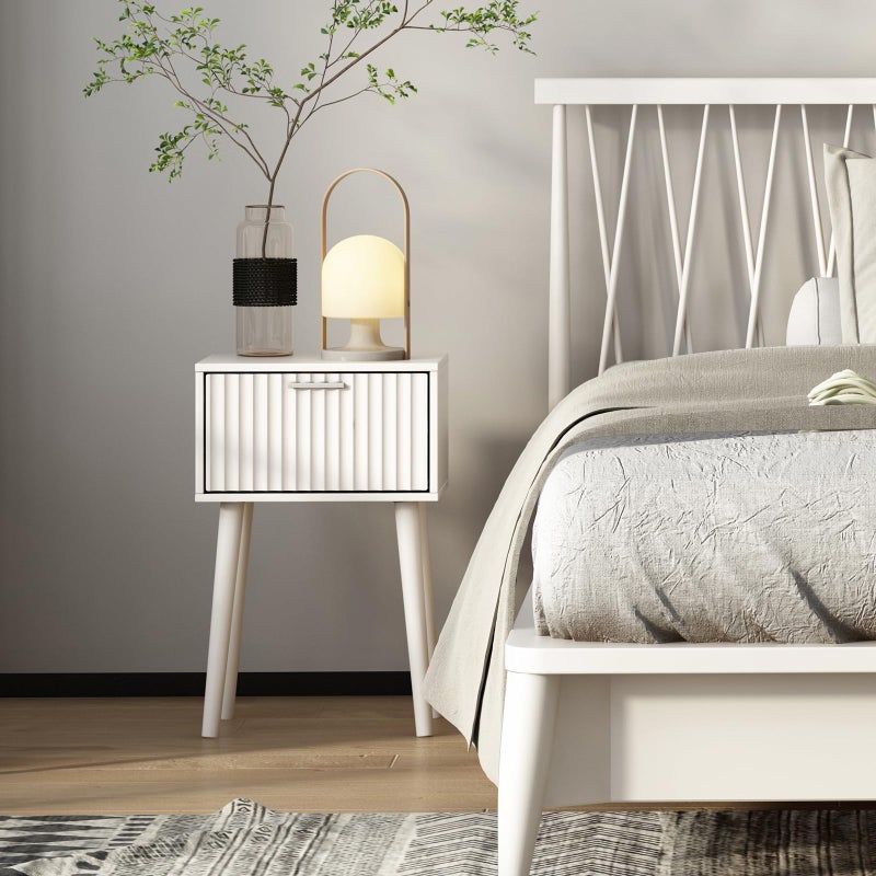 LAATOOREE Nightstands Set of 2, Small Side Table, Bedside Table with Fluted Door, Solid Wood Feet; Modern Mid-Century End Table for Bedroom, Small Space (White) - Image 2