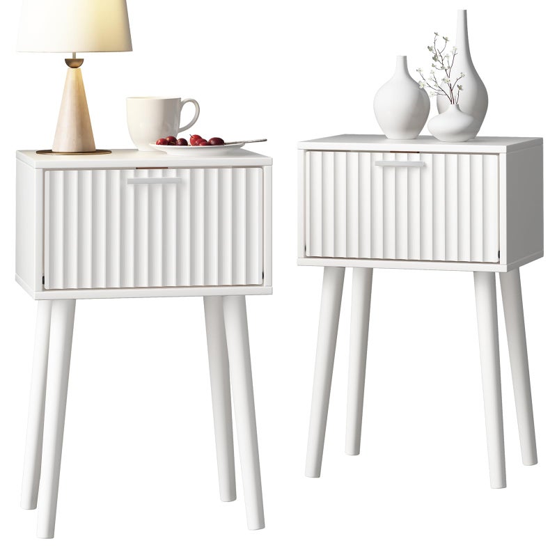 LAATOOREE Nightstands Set of 2, Small Side Table, Bedside Table with Fluted Door, Solid Wood Feet; Modern Mid-Century End Table for Bedroom, Small Space (White) - Image 1