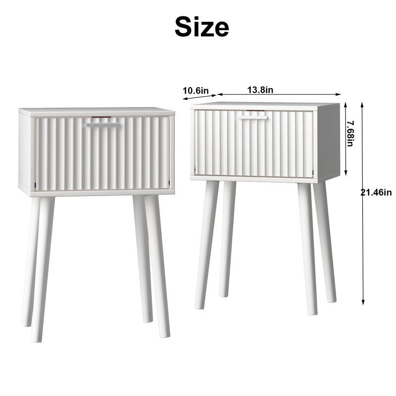 LAATOOREE Nightstands Set of 2, Small Side Table, Bedside Table with Fluted Door, Solid Wood Feet; Modern Mid-Century End Table for Bedroom, Small Space (White) - Image 3