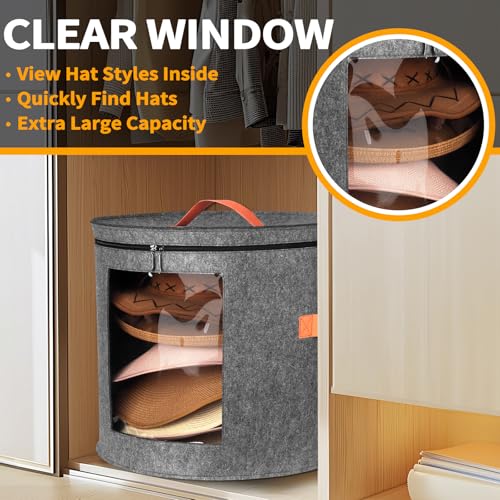 kushon Oversized Hat Storage Box for Women & Men，19" D x 17" H Cowboy Hat Boxes with 1 Wood Hook Felt travel Round Hat Organizer Box with Dustproof Lid (Gray) - Image 4