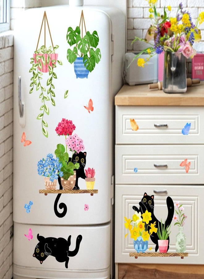 Mfault 115 PCS Spring Summer Potted Plant Black Cat Window Clings 9 Sheets, Bonsai Cactus Geranium Flower Wall Stickers Decal Decorations, Floral Succulent Botanical Living Room Home Kitchen Decor - Image 5