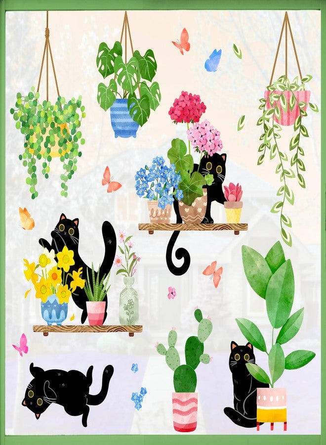 Mfault 115 PCS Spring Summer Potted Plant Black Cat Window Clings 9 Sheets, Bonsai Cactus Geranium Flower Wall Stickers Decal Decorations, Floral Succulent Botanical Living Room Home Kitchen Decor - Image 1