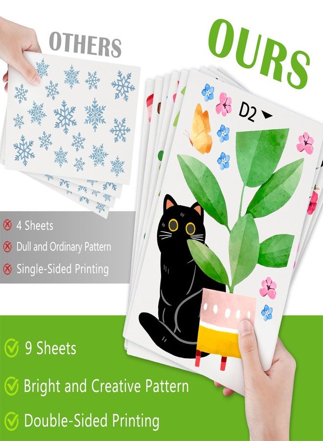Mfault 115 PCS Spring Summer Potted Plant Black Cat Window Clings 9 Sheets, Bonsai Cactus Geranium Flower Wall Stickers Decal Decorations, Floral Succulent Botanical Living Room Home Kitchen Decor - Image 3