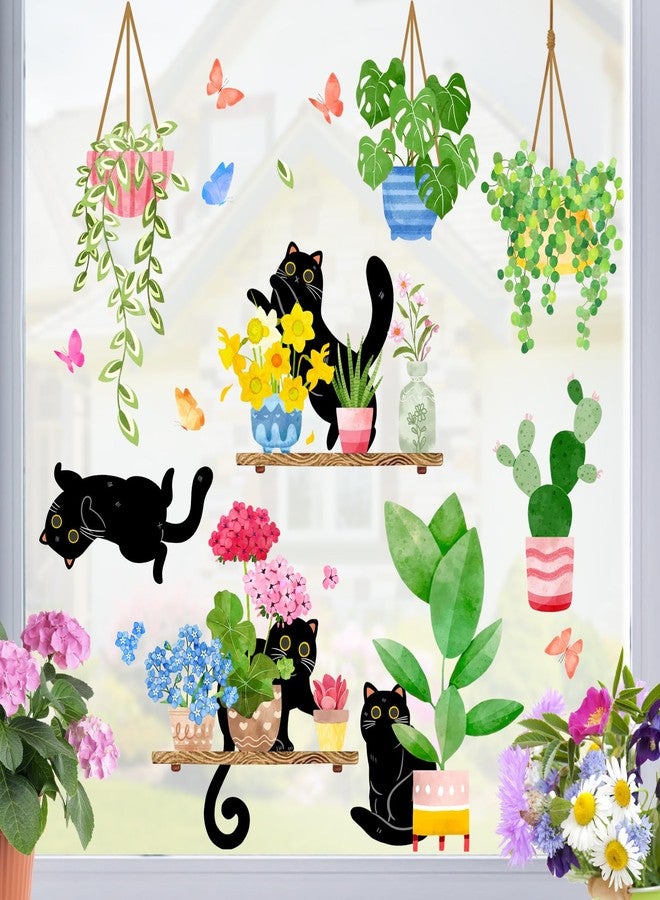 Mfault 115 PCS Spring Summer Potted Plant Black Cat Window Clings 9 Sheets, Bonsai Cactus Geranium Flower Wall Stickers Decal Decorations, Floral Succulent Botanical Living Room Home Kitchen Decor - Image 4