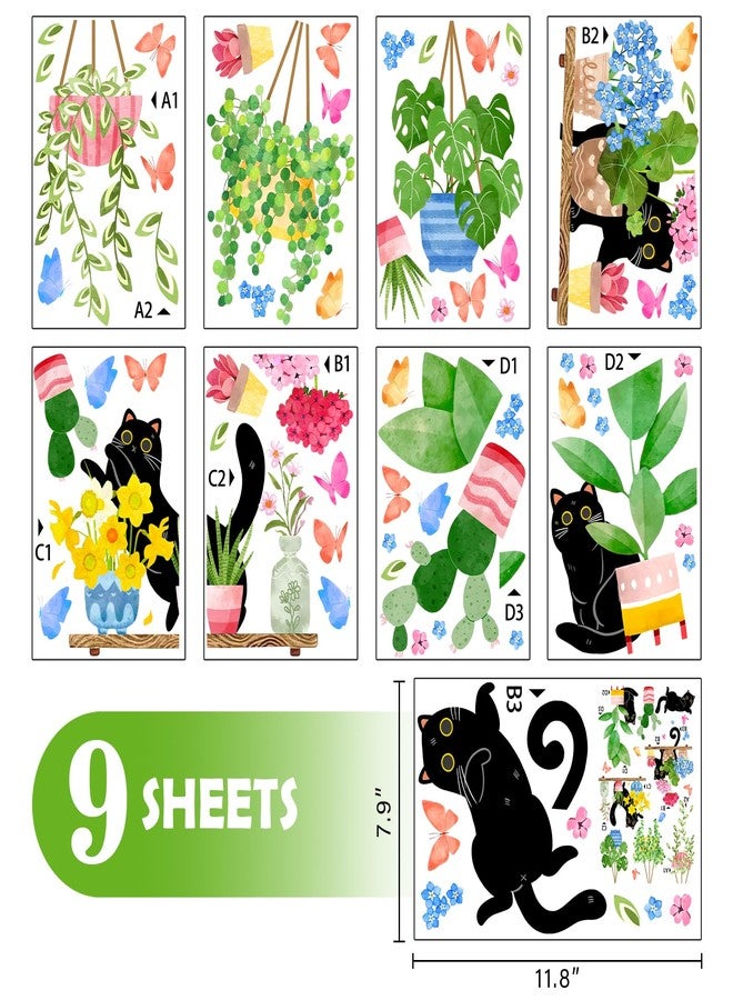 Mfault 115 PCS Spring Summer Potted Plant Black Cat Window Clings 9 Sheets, Bonsai Cactus Geranium Flower Wall Stickers Decal Decorations, Floral Succulent Botanical Living Room Home Kitchen Decor - Image 2