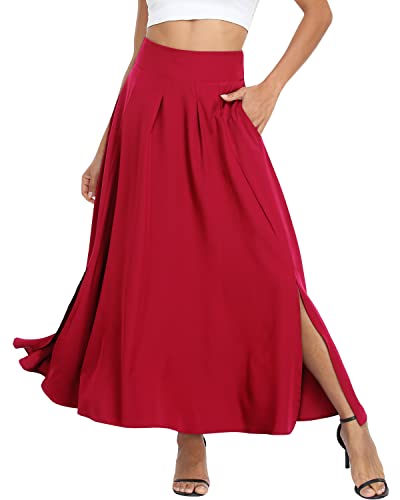 RANPHEE Red Skirt Women Faldas de Mujer Elegantes Maxi Long Summer High Waisted Pleated A Line Ladies Skirts with Pockets Below Knee Length L - Image 2