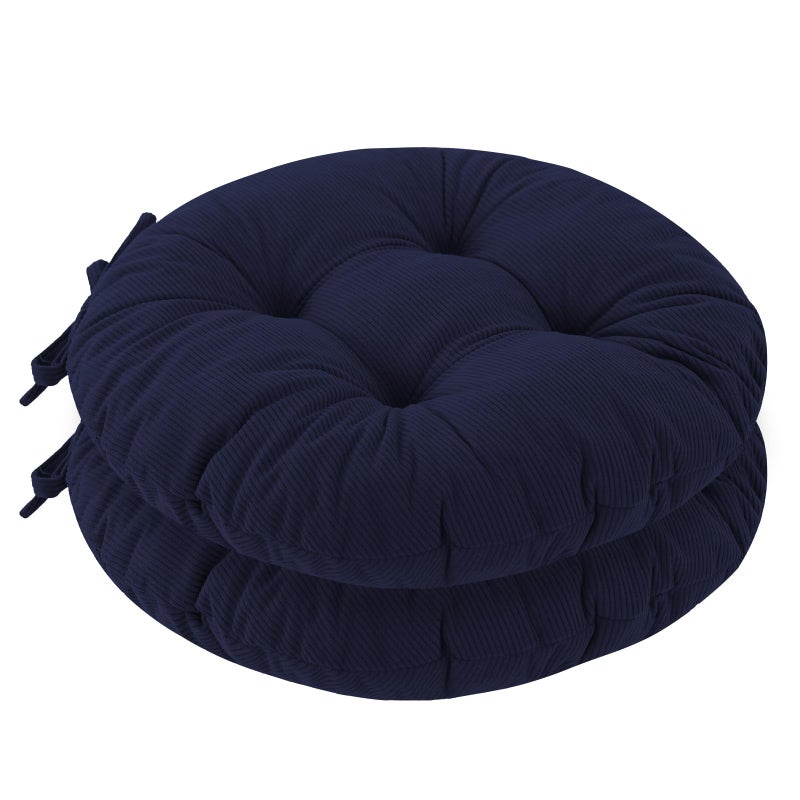 idee-home Round Chair Cushions Set of 2, Round Stool Seat Cushion 16 inch, Circle Chair Pads Corduroy with Ties Indoor Barstool Pads for Kitchen, Navy - Image 1