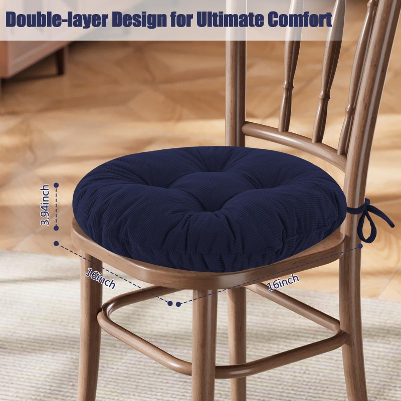 idee-home Round Chair Cushions Set of 2, Round Stool Seat Cushion 16 inch, Circle Chair Pads Corduroy with Ties Indoor Barstool Pads for Kitchen, Navy - Image 2