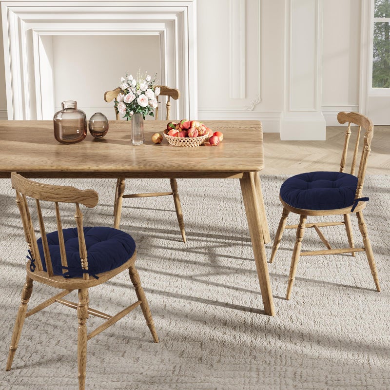 idee-home Round Chair Cushions Set of 2, Round Stool Seat Cushion 16 inch, Circle Chair Pads Corduroy with Ties Indoor Barstool Pads for Kitchen, Navy - Image 5