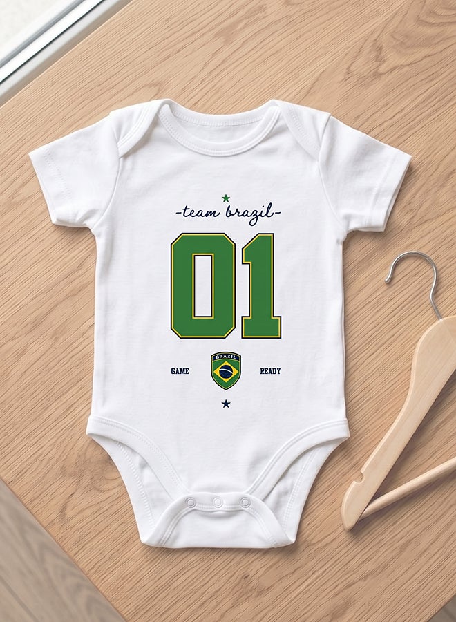 Nurtur FIFA Brazil Football Printed Unisex Baby Onesie, Little Champion Teddy Graphic, Soft Cotton Infant Bodysuit - White - Image 2