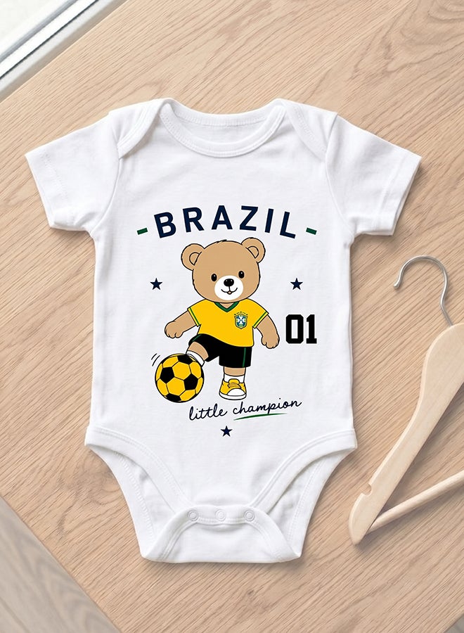 Nurtur FIFA Brazil Football Printed Unisex Baby Onesie, Little Champion Teddy Graphic, Soft Cotton Infant Bodysuit - White - Image 1