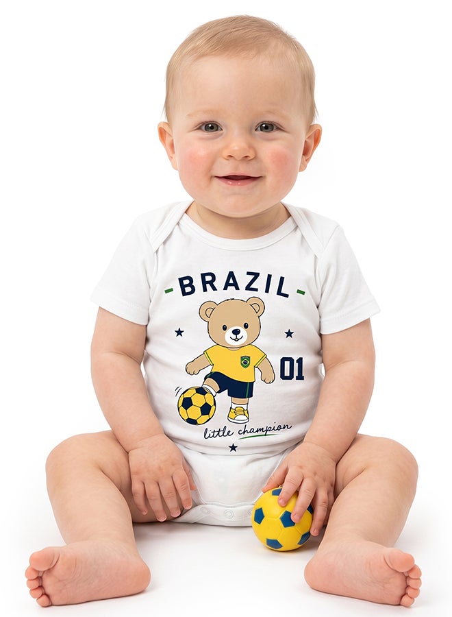 Nurtur FIFA Brazil Football Printed Unisex Baby Onesie, Little Champion Teddy Graphic, Soft Cotton Infant Bodysuit - White - Image 3