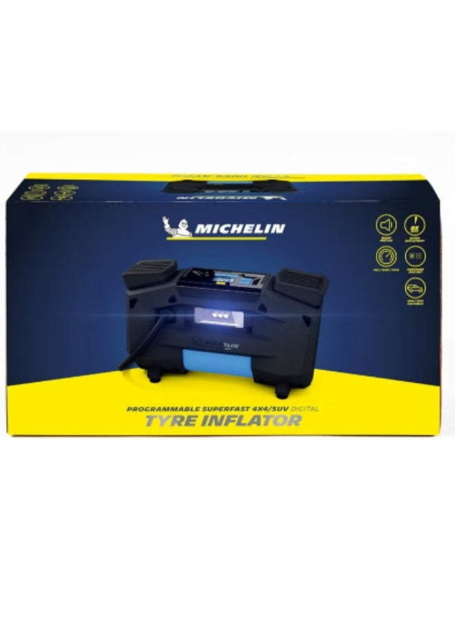 ميشلان منفاخ إطارات رقمي فائق السرعة وقابل للبرمجة من ميشلان ، مناسب لسيارات الدفع الرباعي، مزود بإعدادات مسبقة، وصمام تنفيس، وثلاثة محولات، وإضاءة LED. - Image 1