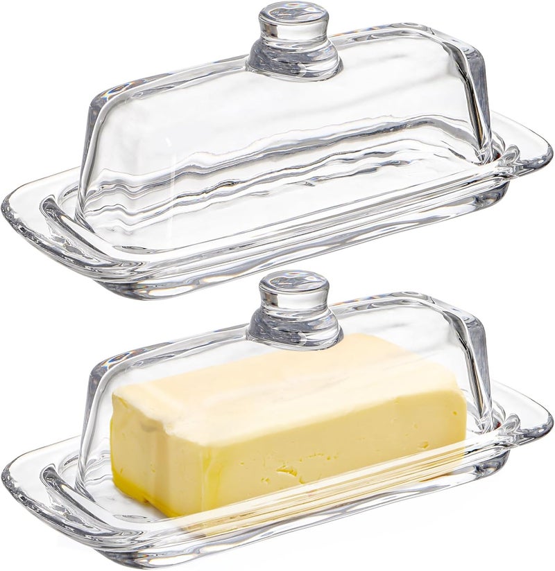 Hedume Set of 2 Glass Butter Dish with Handled Lid, Classic Clear 2-Piece Design Butter Keeper, Food Safe and Dishwasher Safe Standard Size of Butter Dish - Image 1