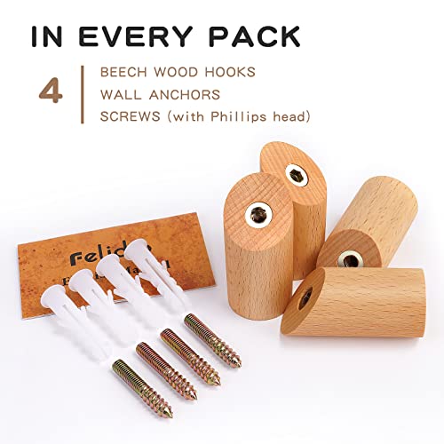 Felidio Wall Hook 4 Pack, Wood Coat Hat Hooks Wall Mounted, Modern Wooden Hooks for Hanging Coats Towels Planter Hanger Robe Hook Entryway Wall Coat Rack (Beech Wood) - Image 5