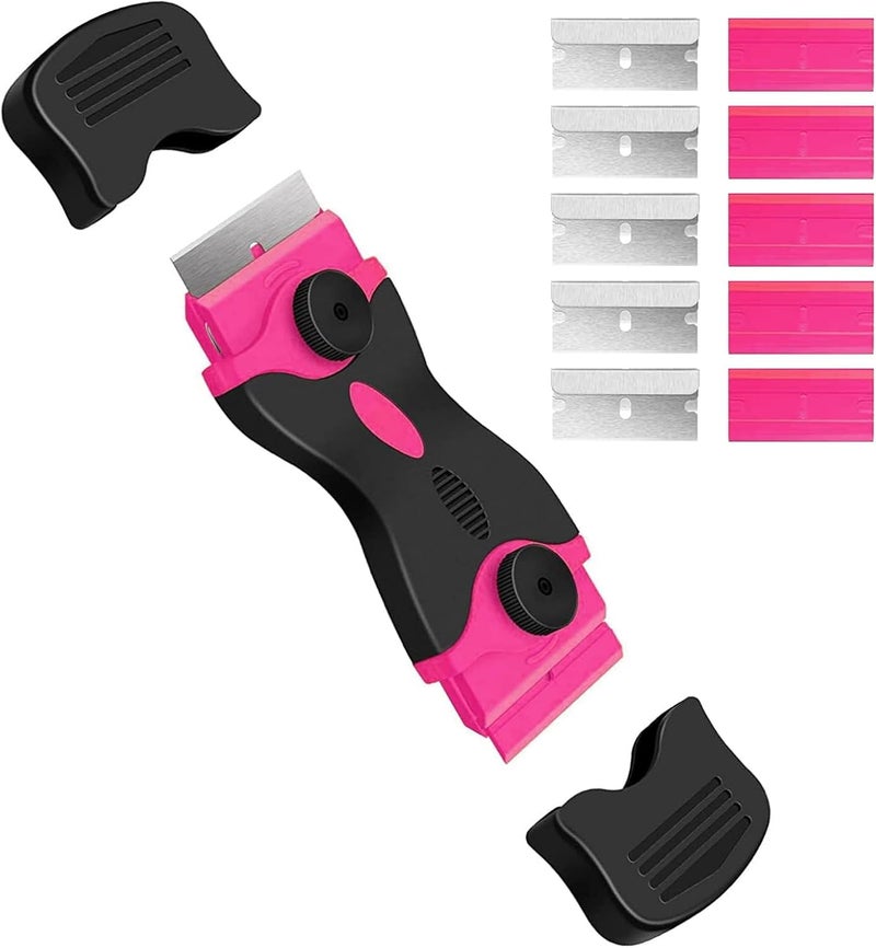 WICHARSH Razor Blade Scraper Pink Razor Scraper Gift for Women 2in1 Scraper Tool Set with 10Pcs Razor Blades for Removing Window Labels Decals Stickers Glass Stove Top - Image 1
