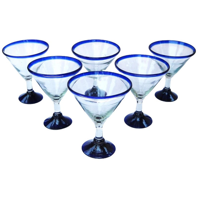 MexHandcraft MexHandcraft Cobalt Blue Rim 10 oz Martini Glasses set of 6 Recycled Glass Leadfree ToxinFree 
