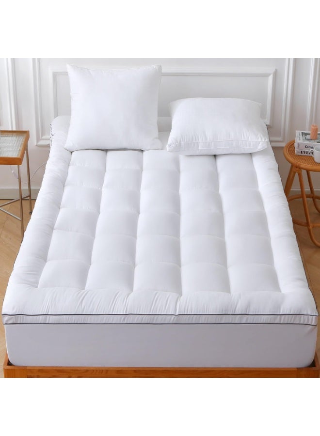 7 cm Thick  Double Size Mattress Topper, White, 200 x 120 cm | 600GSM, CertiPUR-US, Pressure Relief, Breathable Cover, Pressure |Point Support, 1cm Stripe, 4 Sided Elastic, Includes 2 Pillow Covers - Image 1