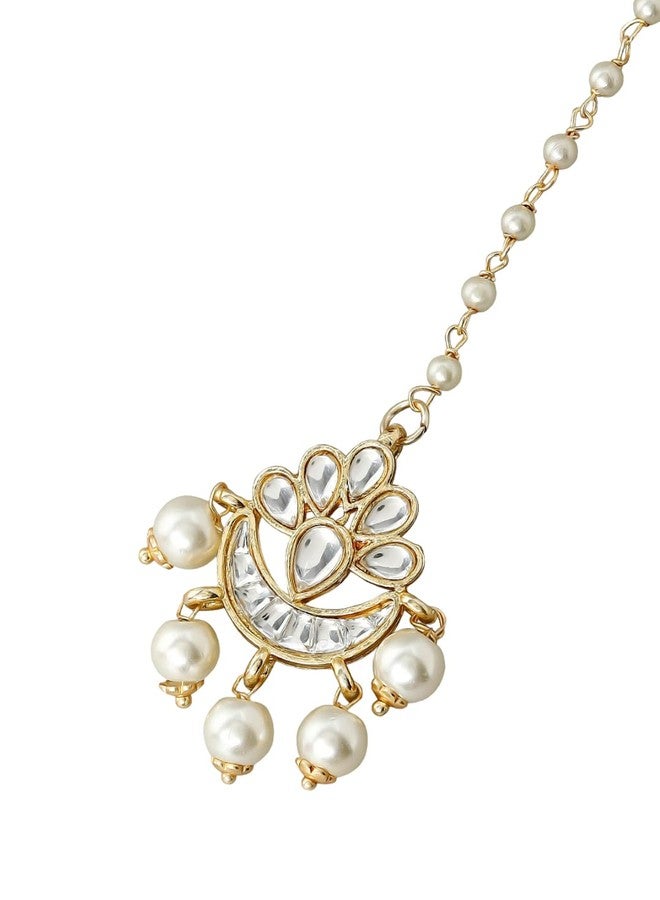 fabula Jewellery Gold Tone Kundan & Pearls Lotus Design Delicate Wedding Maangtikka For Women & Girls Stylish Latest (MTDP13_AMR2) - Image 1