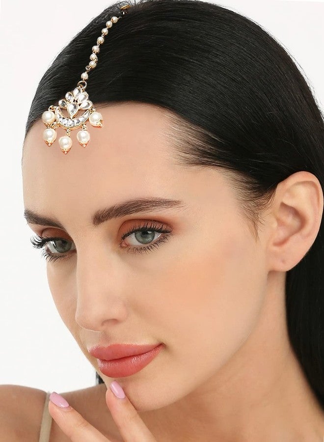 fabula Jewellery Gold Tone Kundan & Pearls Lotus Design Delicate Wedding Maangtikka For Women & Girls Stylish Latest (MTDP13_AMR2) - Image 5