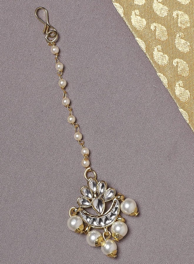 fabula Jewellery Gold Tone Kundan & Pearls Lotus Design Delicate Wedding Maangtikka For Women & Girls Stylish Latest (MTDP13_AMR2) - Image 4
