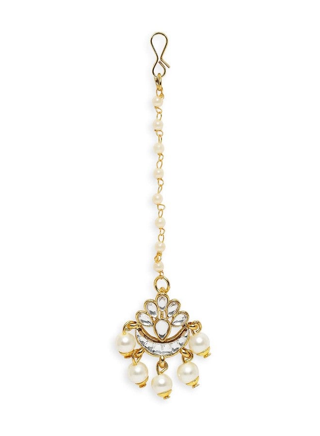 fabula Jewellery Gold Tone Kundan & Pearls Lotus Design Delicate Wedding Maangtikka For Women & Girls Stylish Latest (MTDP13_AMR2) - Image 3