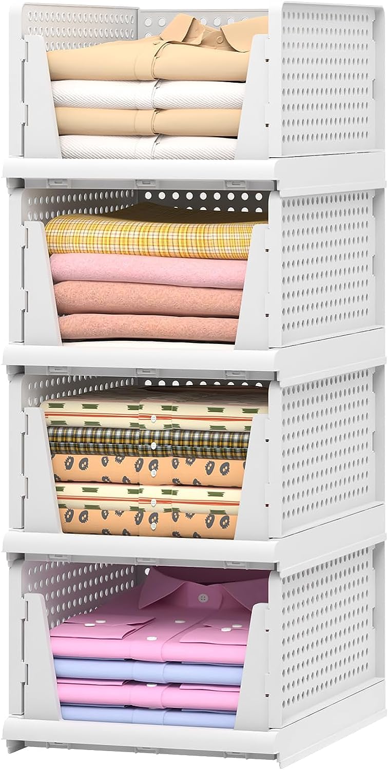 Leaffybezz Cloth Organizer For Wordrobe Stackable Storage BasketFoldable Closet Organizers Storage BinsDrawer Shelf Storage Container for Wardrobe Cupboard Kitchen Home Office 4 LayerLarge - Image 1