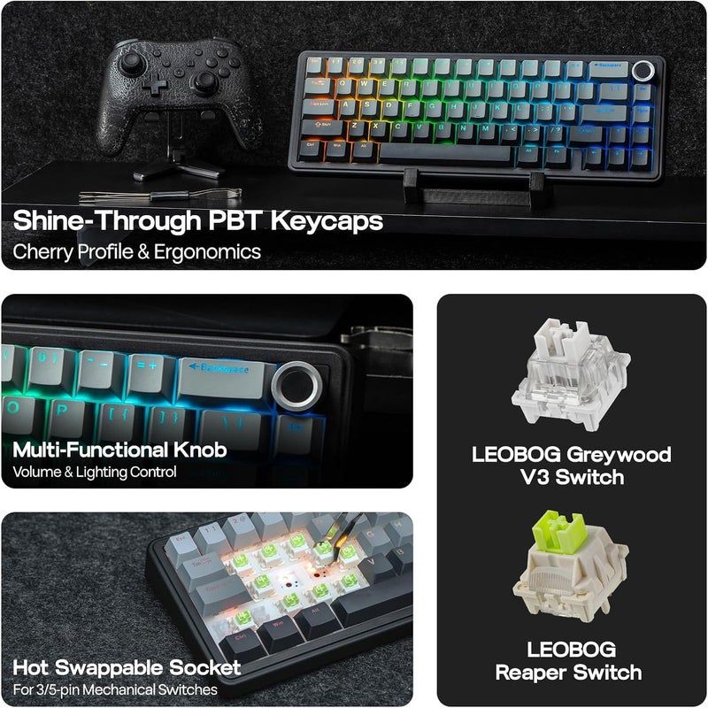 EPOMAKER X AULA F65 PRO Wireless Mechanical Gaming Keyboard, Hot-Swap, 5-Layer Padding, Creamy Gasket, Knob and Shine-Through PBT Keycap, RGB, BT/2.4GHz/USB-C (Gradient Grey, Reaper Switch) - Image 4