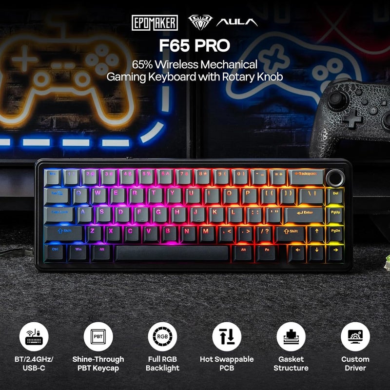 EPOMAKER X AULA F65 PRO Wireless Mechanical Gaming Keyboard, Hot-Swap, 5-Layer Padding, Creamy Gasket, Knob and Shine-Through PBT Keycap, RGB, BT/2.4GHz/USB-C (Gradient Grey, Reaper Switch) - Image 2