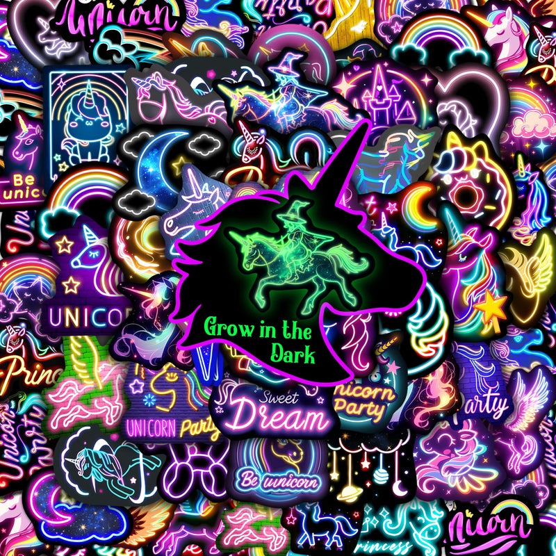 Robmoda 50Pcs Neon Unicorns Stickers for Kids Glow in The Dark, Rainbows Sticker for Water Bottle, Vinyl Waterproof Laptop Decals for Teens Girls Boys, Students Adults Sticker Pack - Image 1
