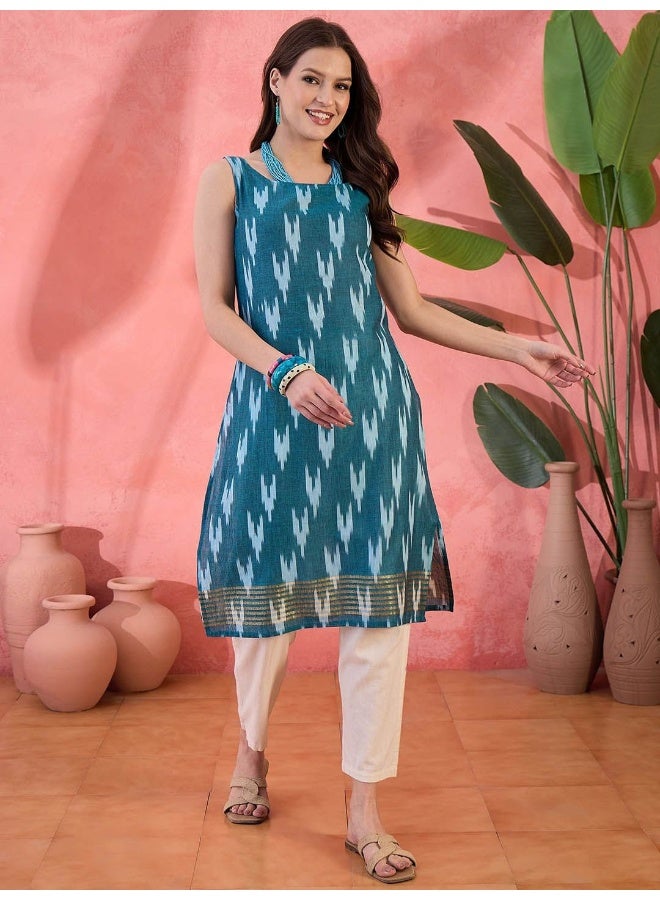 AKS Ethnic Motifs Printed Sleeveless Cotton Straight Kurta  - Image 1