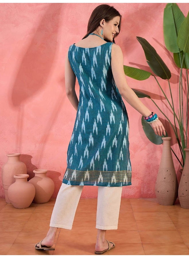 AKS Ethnic Motifs Printed Sleeveless Cotton Straight Kurta  - Image 5
