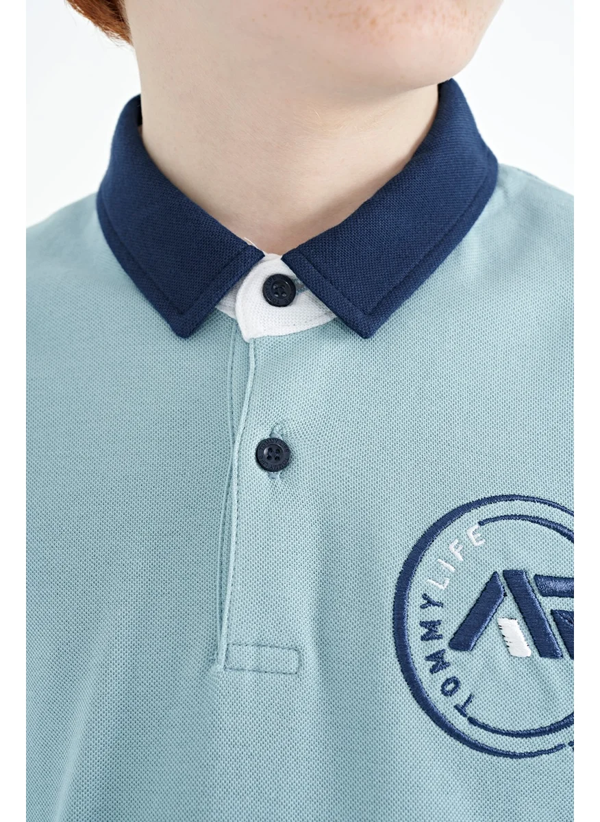 تومي لايف Light Blue Sleeve End Colored Logo Embroidered Standard Size Polo Collar Boy's T-Shirt - 11138